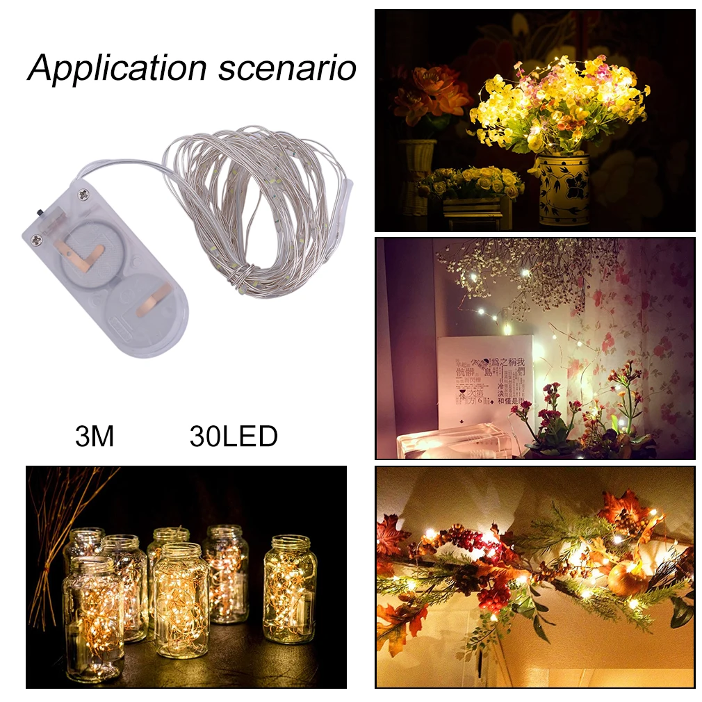 Супер яркий 3 м водонепроницаемый 30 Led Серебряный провод струнный светильник для рождественской свадебной вечеринки декоративная лампа IP66 с кнопкой батареи