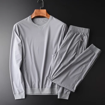 

New Male Jacket Hight Quality Round Collar Grey And Navy Jacket Men With Pants Fashion New Solid Color Slim Fit Man Jackets 4XL