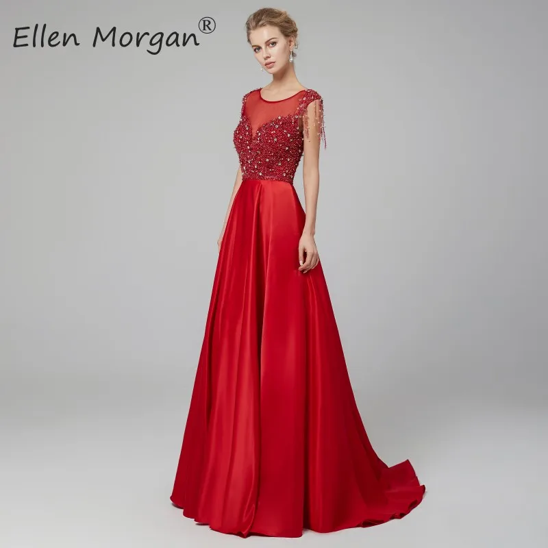 Robe De Soiree, красные вечерние платья, длинные, элегантные, новинка, с вырезом лодочкой, с бисером, атласные, трапециевидные, вечерние платья