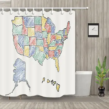 

US State Map Shower Curtain Home Bathroom Decor Fabric & 12hooks