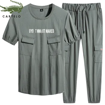 

CARTELO men's clothing new summer fashion lightweight breathable round neck letter printed comfortable casual suit