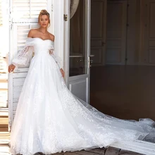 

Aedmgh A-Line Illusion Wedding Dresses 2022 Boat Neck Off The Shoulder Puff Sleeve Bride Dress Lace Appliques Boho Bridal Gowns