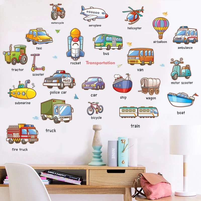 

Cartoom 3D Early Education Cars Plane Ship Words Wall Decor Decal For Bedroom Kid Room Transportation Poster Mural Wall Stickers