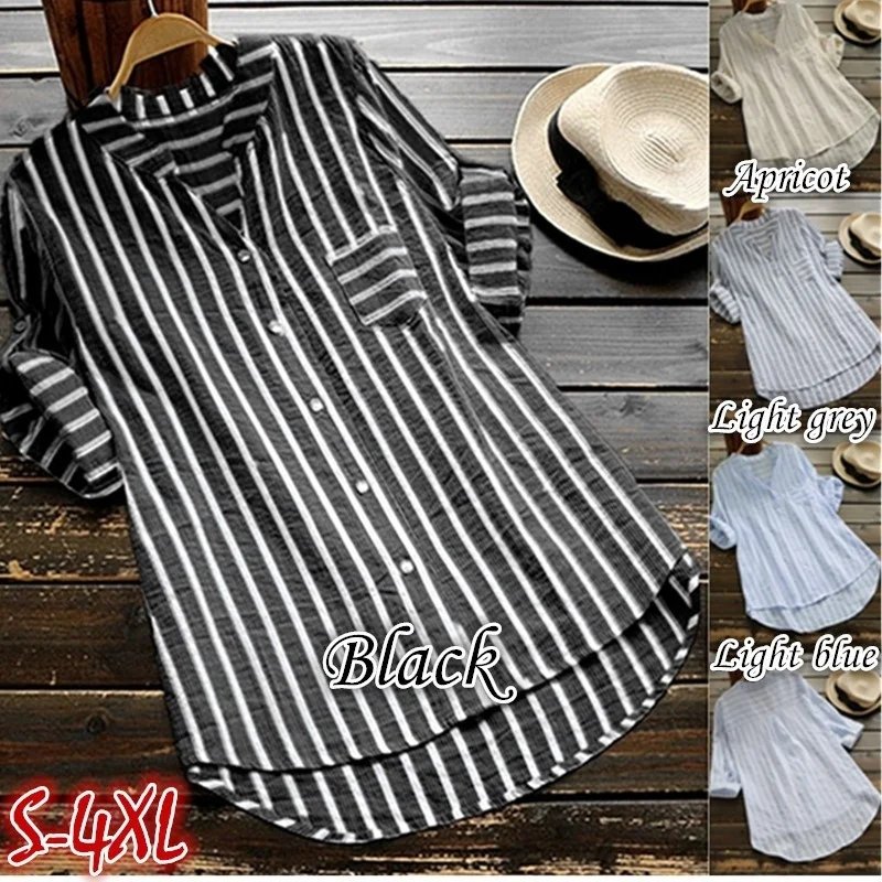 

Zogaa 2020 New S-5XL Plus Size Women Blouses Casual V-neck Striped Regular Women Summer Shirts Short Sleeve Ladies Tops