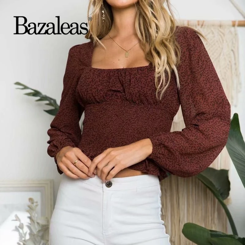 Женская шифоновая блузка с длинным рукавом Bazaleas винтажная облегающая винного
