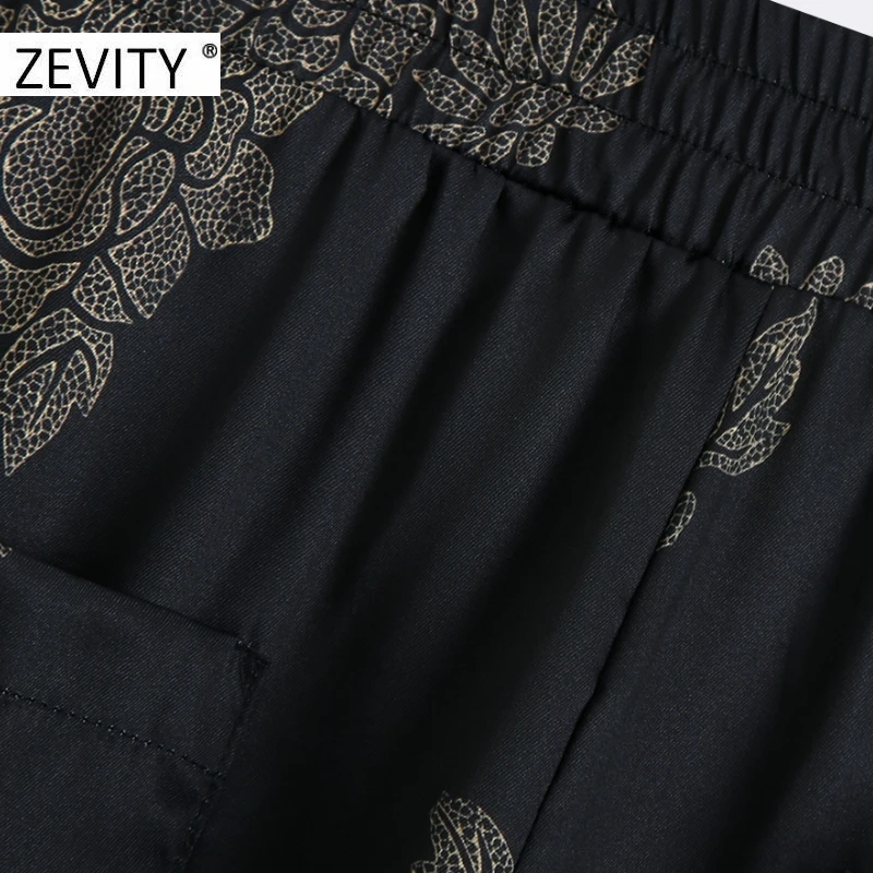 ZEVITY Women vintage flower print pockets patch straight pants female elastic waist pleats casual slim Trousers chic pants P934