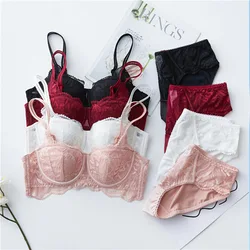 2022 New Style Pink Color 1/2 Cup Bra Sets Ultra-Thin Transparent Flower High Quality Push Up Underwear Suit Plus Size Lingerie