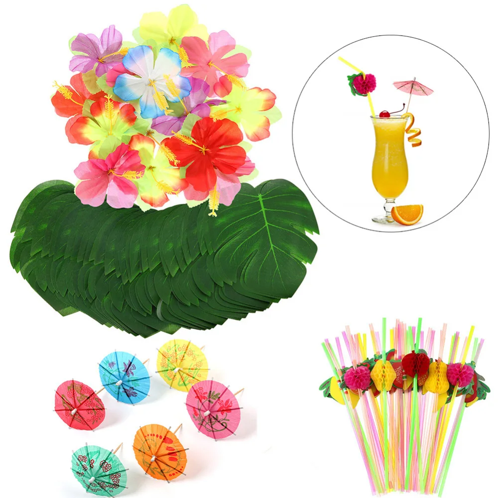 

108pcs/set Artificial Tropical Palm Leaves Simulation Leaf With Flower Hawaiian Party Jungle Beach Theme Party Decorations