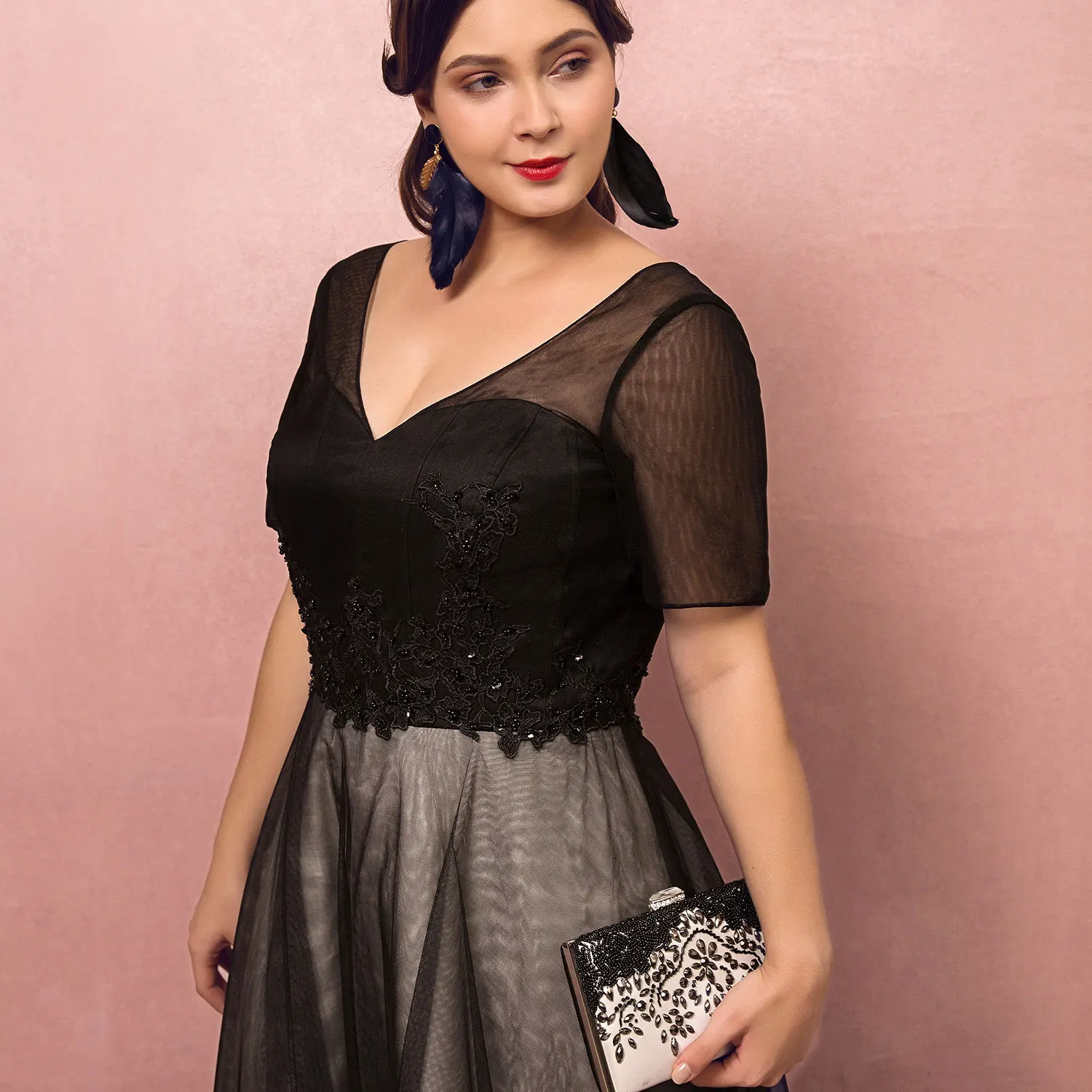 Элегантное Вечернее Платье С v-образным вырезом размера плюс из тюля черное ТРАПЕЦИЕВИДНОЕ короткое Кружевное платье с аппликацией и бисером на шнуровке