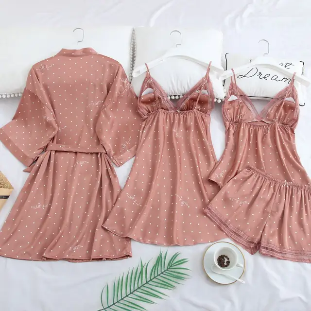 Pink Print Dot Wedding Robe Set Sleepwear Casual Intimate Lingerie Nightgown Nightdress Soft Homewear Home Clothing