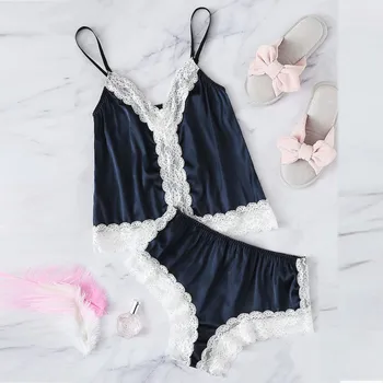 

pyjama femme Women V-Neck Silk Lace Satin Patchwork Camisole Pajamas Sexy Lingerie Sleepwear Shorts Set pijama mujer 2020
