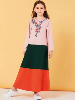 

Girls Pink Color Patchwork Long Dress Flower Embroidery Long Sleeve Muslim Girls Casual Clothing