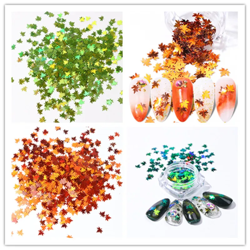 50g Holographic Maple Leaf Nail Art Sequin Laser 3D Mirror Glitter Nail Stickers Autumn Art Design Stickers Decoration