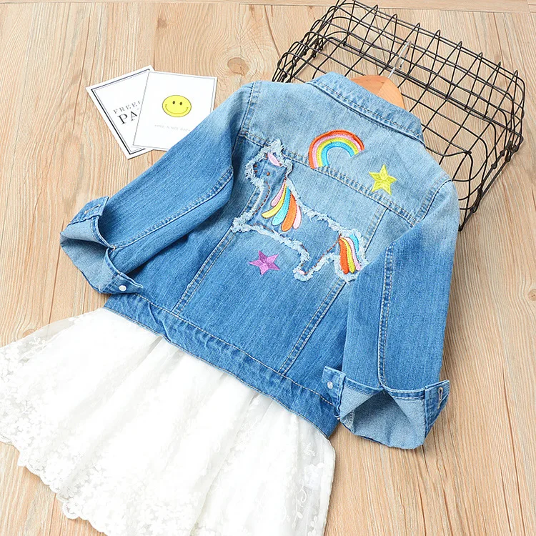 

Childrenswear 18 Autumn Rainbow My Little Embroidered Girls Single Breasted Washing Jeans Coat Tops 5b26