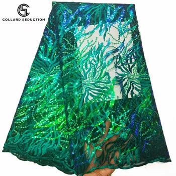 

CS-Top Latest Bright green French net Laces with velvet fabric Fabrics High Quality Sequins Tulle African Laces Fabric Nigerian