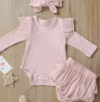 

Imcuteboy girl baby autumn winter solid color headband ruffled jumpsuit tights solid flying sleeve romper shorts headband set