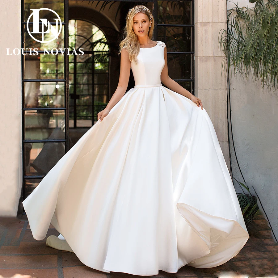 

LOUIS NOVIAS Satin Wedding Dresses For Women 2024 Backless Bead Appliques Bridal Gown Sleeveless Scoop A-Line Vestidos De Novia