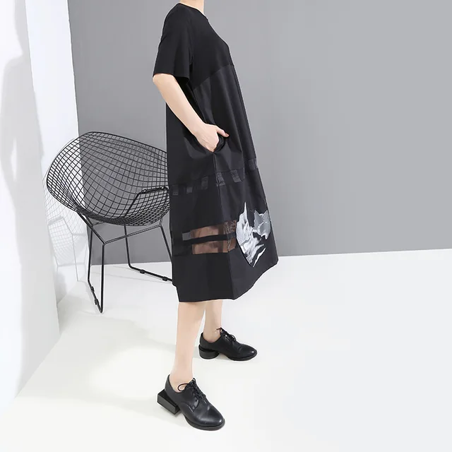 [EAM] Women Black Pattern Print Sttich Mesh Long Dress New Round Neck Short Sleeve Loose Fit Fashion Spring Summer 2020 1T450