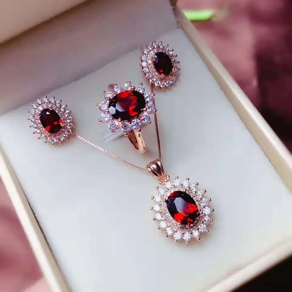 Rose gold set Натуральный гранат S925 серебро Кольцо Серьги Кулон ожерелье набор модный и элегантный для женщин - Цвет камня: Rose gold set