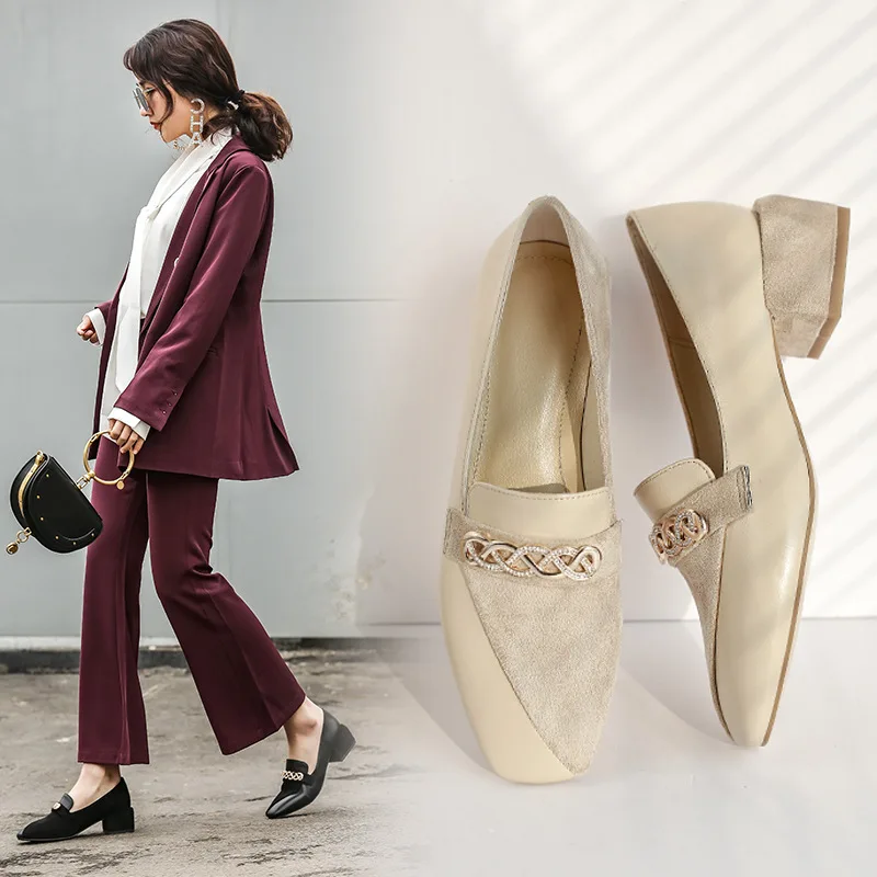 

[S70233] Korean-style Versatile Square Head Loafers 2019 Spring And Autumn New Style Metal Chain Semi-high Heeled Shoes Women's