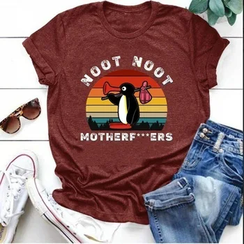 

Creative Penguin nootnoot letter print short sleeve T-shirt loose top for women