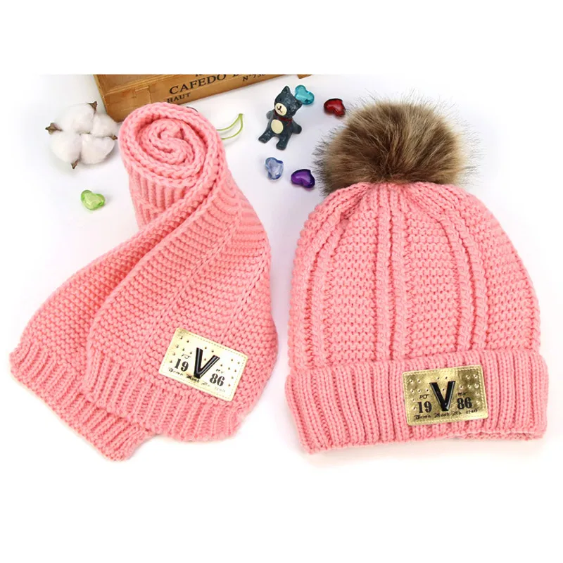 Комплект из 2 предметов, шарф, шапка, вязаная детская зимняя шапка, шарф для мальчиков и девочек 3-10 лет, синий, красный, желтый, розовый, черный - Цвет: Pink