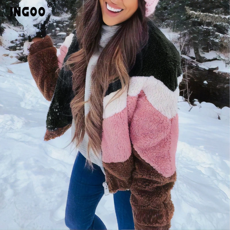 

INGOO 4 Colors Patchwork Warm Fleece Winter Coat Women Long Sleeve Loose Open-stitch Zip Pocket Turn-down Casual Woman Jacket