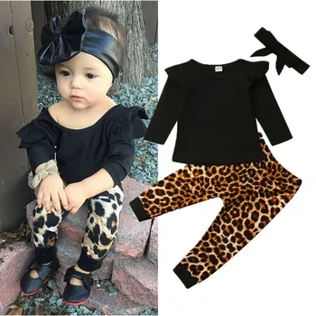 

0-24M 3pcs Newborn Set Baby Boys Clothes Set Black O-Neck Long Sleeve T-Shirt Girls Tops Leopard Long Pants Girl Outfit Baby Set