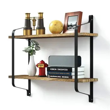 

2-Tier Iron Wooden Decorative Wall Shelf Storage Rack Organization Room DIY Wall Decoration Holder Home Decor Floating Shelf