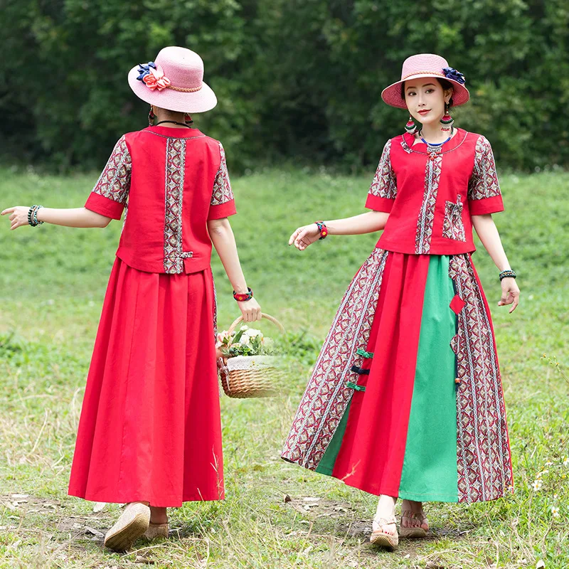 

New Style Ethnic-Style Large Size Frog Short-sleeved Top Long Skirt Slimming Two-Piece Set WOMEN'S Dress