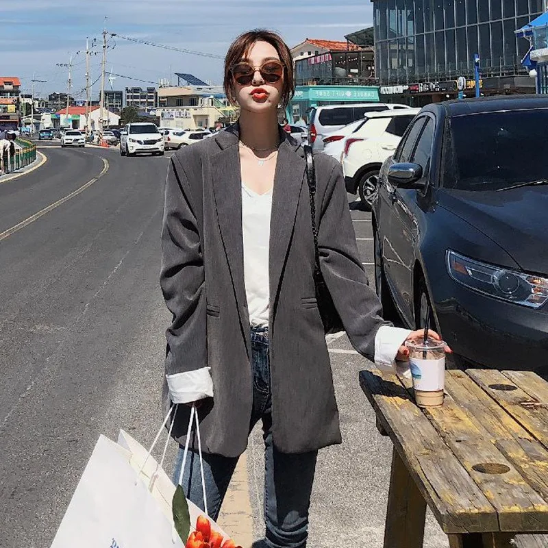 

Photo Shoot Korean-Style INS Loose Casual Large Version of BF Suit Women's Elegant Gray Drape Coat Revers Contrast Color Cuff