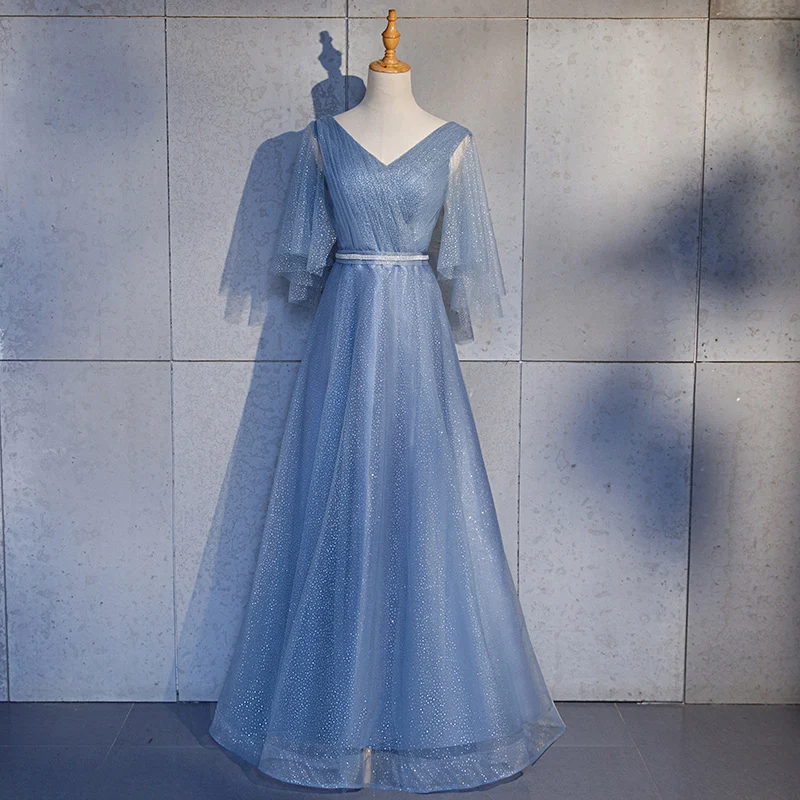 Sky Blue Erosebridal Простое Элегантное вечернее платье длинное блестящее Тюлевое ТРАПЕЦИЕВИДНОЕ вечернее женское платье уникальный дизайн плеч 9 цветов - Цвет: Sky Blue