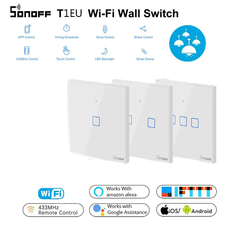 Умный выключатель Sonoff TX T1 EU 1 2 3 Gang Wi Fi/433/RF настенный сенсорный света работает с Google