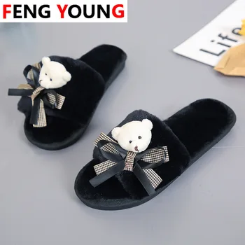 

2020 Fluffy Home Slippers Women Faux Fur Slippers Cozy Furry Slides Open Toe Slip on Soft Slippers House Floor Plush Warm Shoes