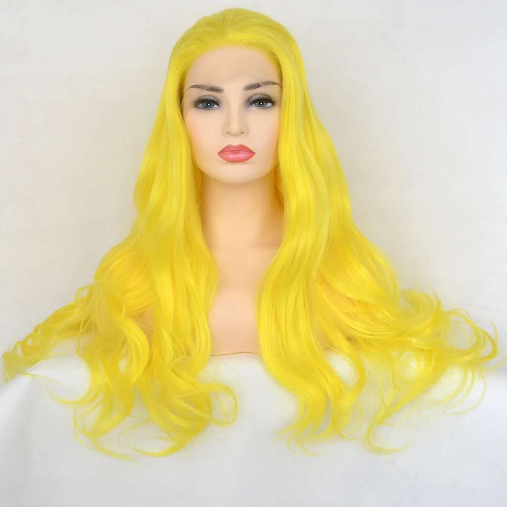 13&times;4L Sexy Yellow Synthetic Lace Front Wig Long Natural Wave Free Parting Cosplay For Women