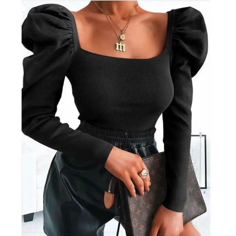 

Retro Women Autumn Shirts Solid Color Puff Sleeve Square Collar Slim Blouses Tops Fashion Ladies Bare Belly Bottoming Shirts