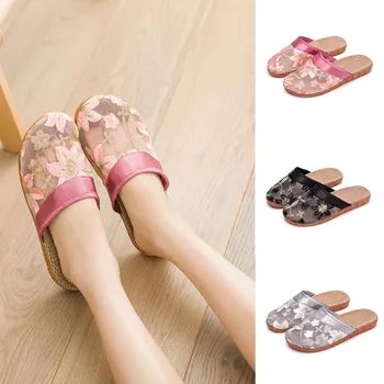 

Home Women Female Summer Floral Flax Linen Flip Flops Beach Shoes Sandals Slippers Woman Slip on Flats Female sandales plates