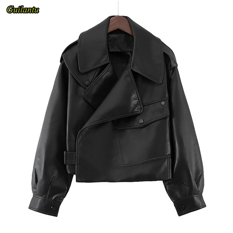 

Spring Autumn Loose Women Faux Pu Leather Jacket Outwear Fashion Turn-down Collar Biker Motorcycle Streetwear Coat Female