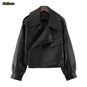

Spring Autumn Loose Women Faux Pu Leather Jacket Outwear Fashion Turn-down Collar Biker Motorcycle Streetwear Coat Female