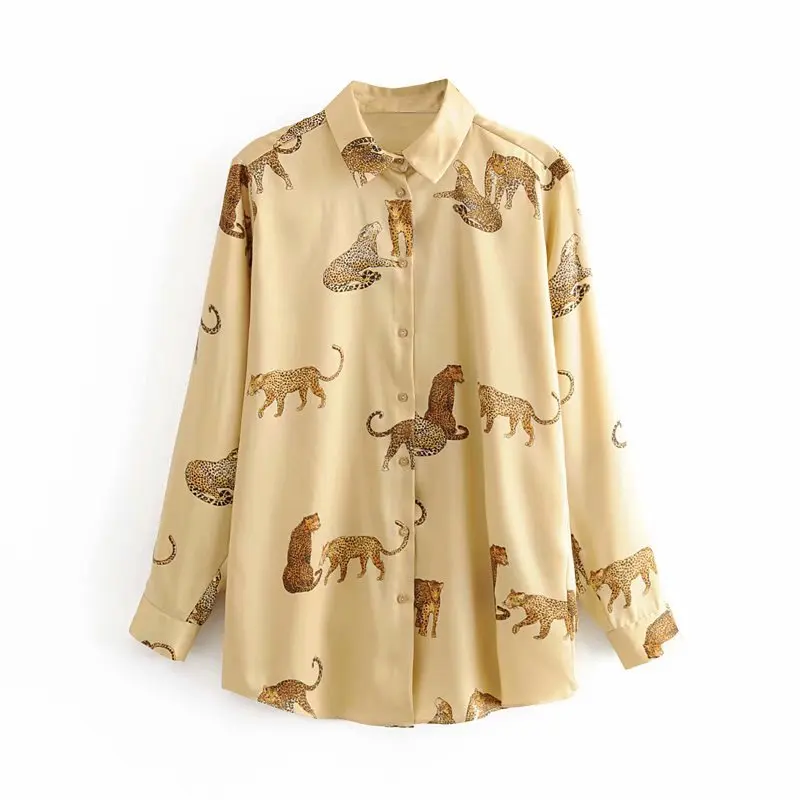 Женские блузки, Весенняя винтажная блузка с животным принтом, Повседневная рубашка с длинным рукавом и отложным воротником, свободные топы, туника, женская блуза - Цвет: Khaki