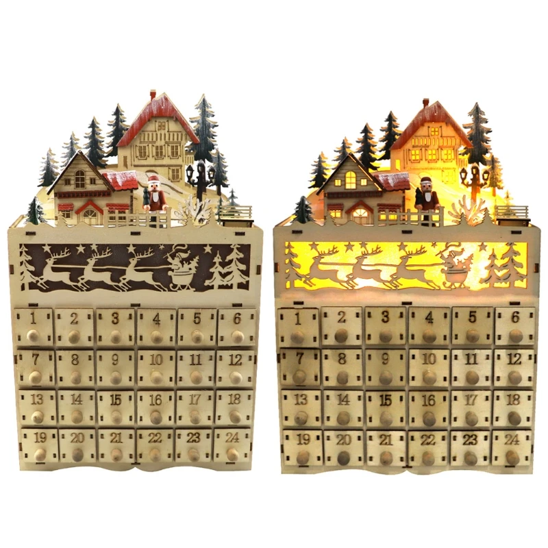 Christmas Wooden Advent Calendar LED Lighted Village House Countdown 