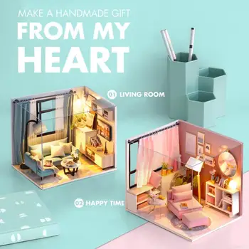 

Wooden DIY House Toy Assembly Building Model Miniature Dollhouse Handmade Handicraft Toys Happiness Hour Light