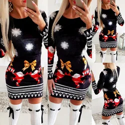 Minivestido adelgazante de cuello redondo para mujer, Vestido de punto de manga larga con estampado navideño, europeo y americano, gran oferta