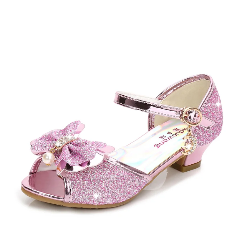 5 Colors Children Princess Sandals Kids Girls Wedding Shoes High Heels Dress Shoes Bowtie Gold Pink Blue Silver Shoes For Girls - Color: Pink