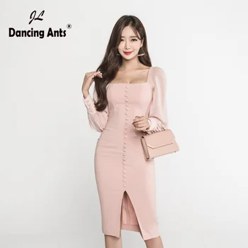 

Woman Pencil Dress Long Sleeve Square Collar Elegant Dresses Korean Style Solid Button Slit Office Lady Slim Bodycon Vestidos