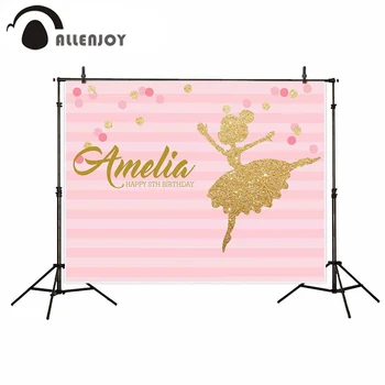 

Allenjoy Princess Party Background Happy 5th Birthday Golden Dancing Girl Striped Dot Backdrop Sweet Party Photocall Photoshoot