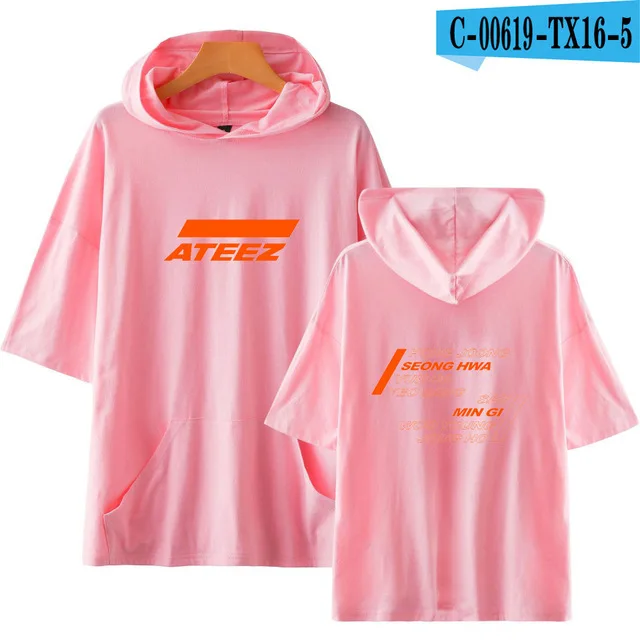pink KPOP ATEEZ футболки с капюшоном для мужчин и женщин, новая стильная уличная одежда, летние футболки с коротким рукавом, толстовки, футболка, Harajuku футболка - Цвет: pink