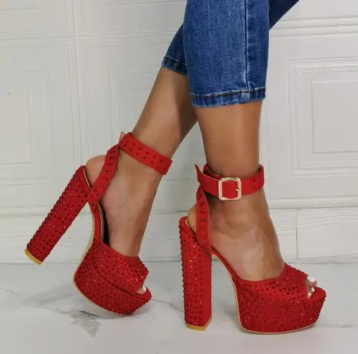 

Drop Shipping Woman Red Chunky Heels Bling Bling Diamond Crystal Sandals Female Peep Toe Platform Drill High Heel Sandals Shoes