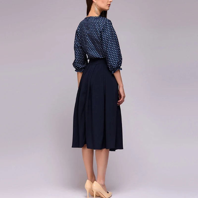 Women vintage dress Casual office a line Dress Round Neck 3/4 Sleeve Polka Dots Printed elegant ladies dresses party