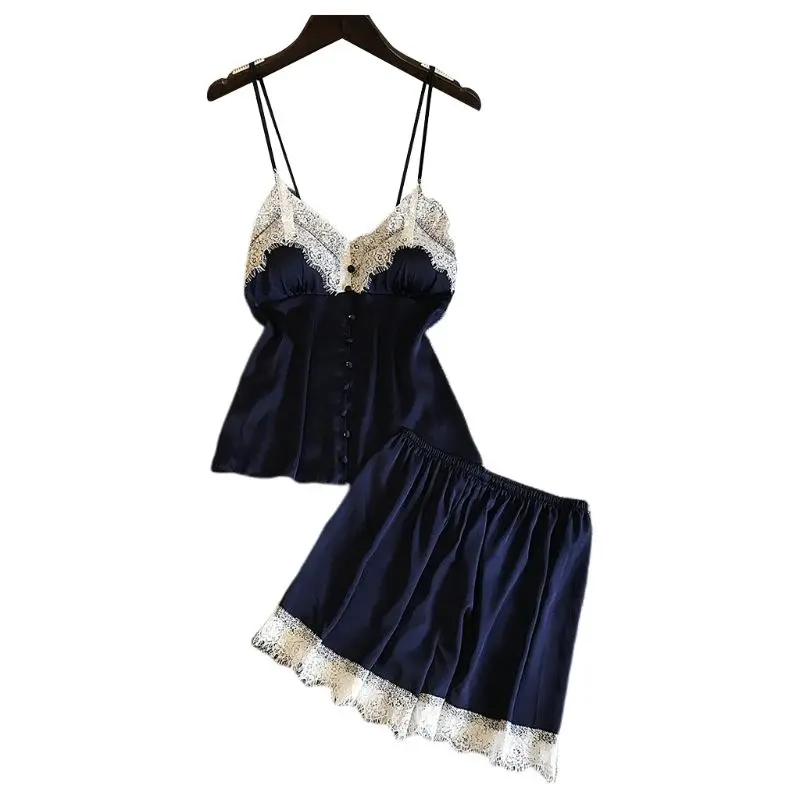 Womens Imitation Silk Sexy Lingerie Set Push Up Padded Button Down Camisole Wide Leg Eyelash Lace Shorts Solid Color Nightwear - Цвет: Синий